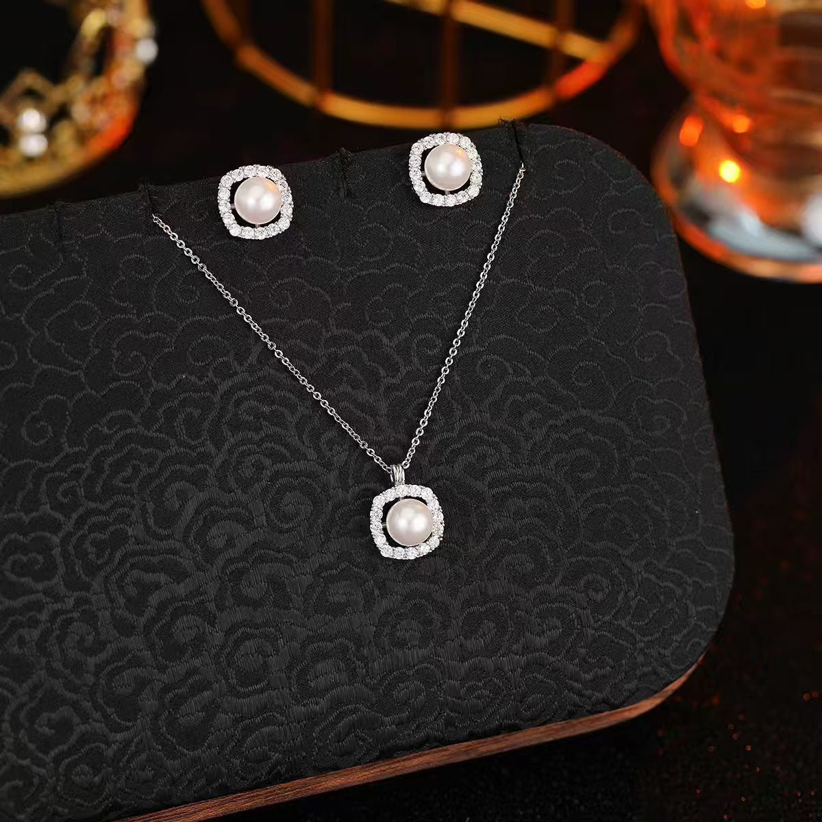 Crystal Pearl Stud Silver Set