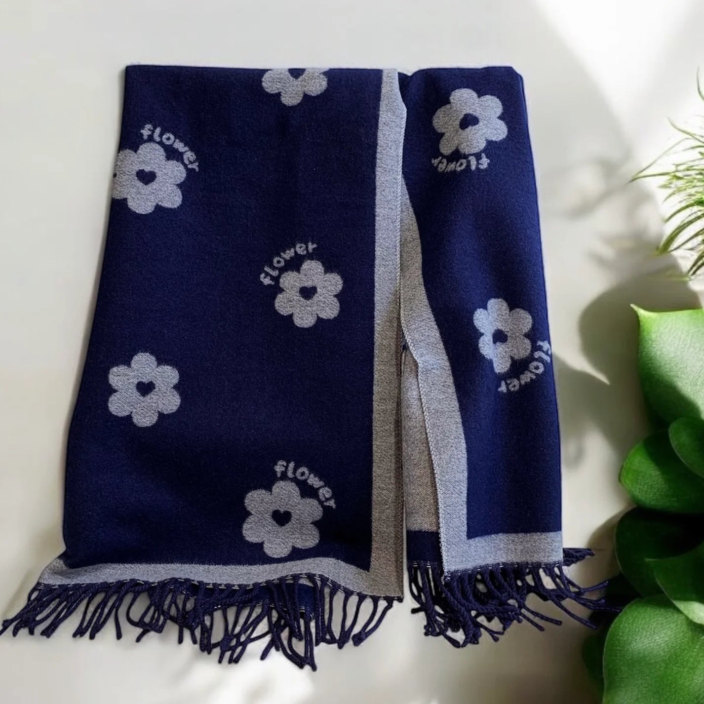 Flower Cashmere Touch Scarf Navy