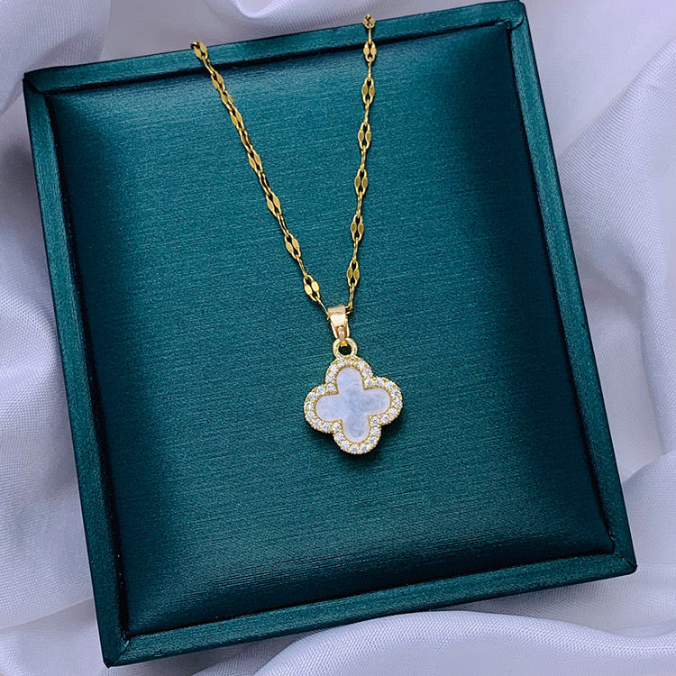White Crystal Clover Necklace