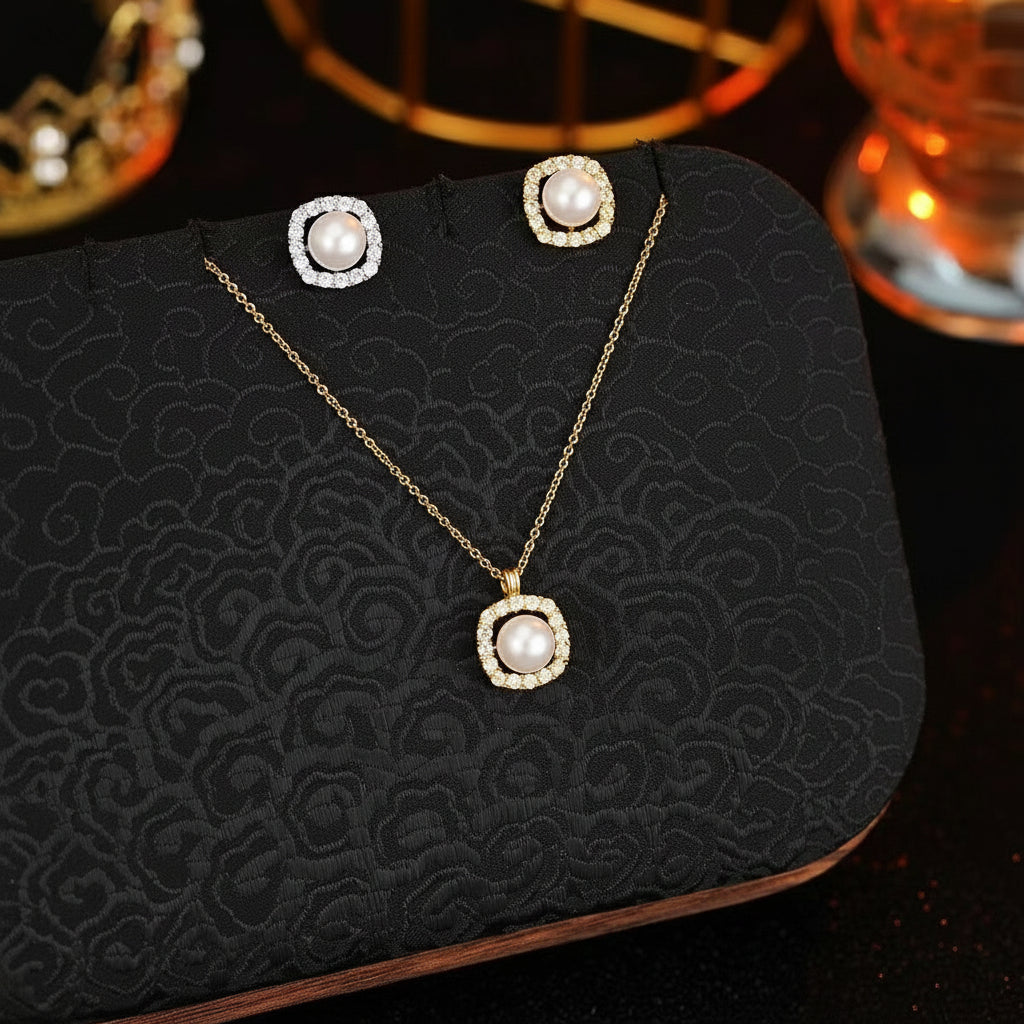 Crystal Pearl Stud Gold Set