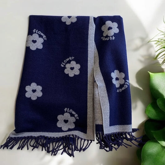 Flower Cashmere Touch Scarf Navy