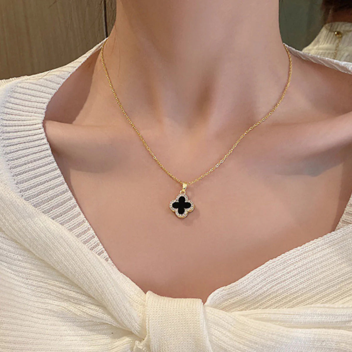 Black Crystal Clover Necklace