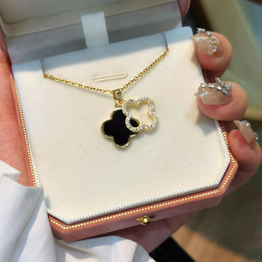 Black Crystal Split Clover Necklace