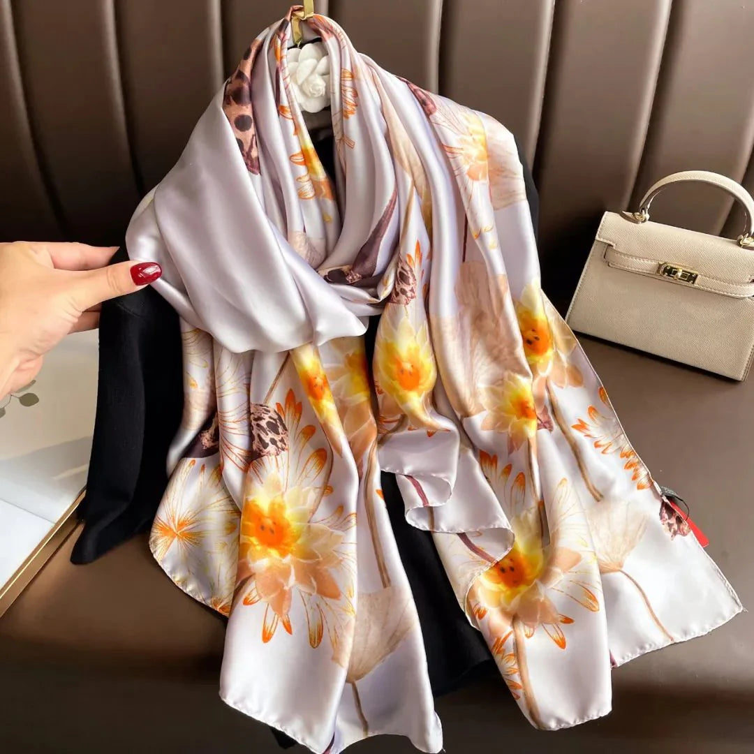 Floral Print Silk Touch Scarf Gold
