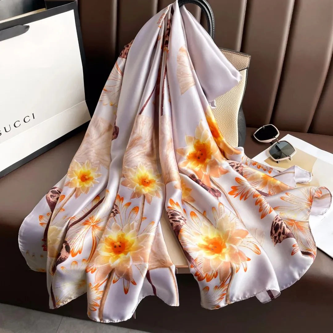 Floral Print Silk Touch Scarf Gold